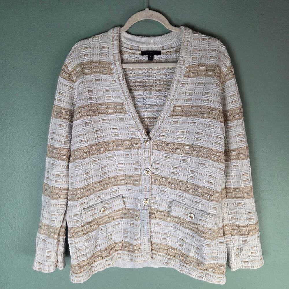Ann Taylor XL Tan White Stripe Tweed Metallic Knit Vneck Cardigan Sweater Preppy